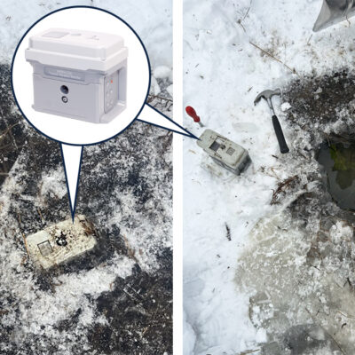 An INFRA C22 - a wireless vibration monitor on a field in ice in Sweden.