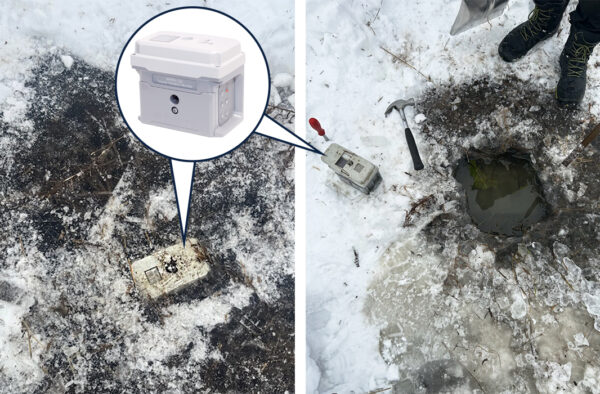 An INFRA C22 - a wireless vibration monitor on a field in ice in Sweden.