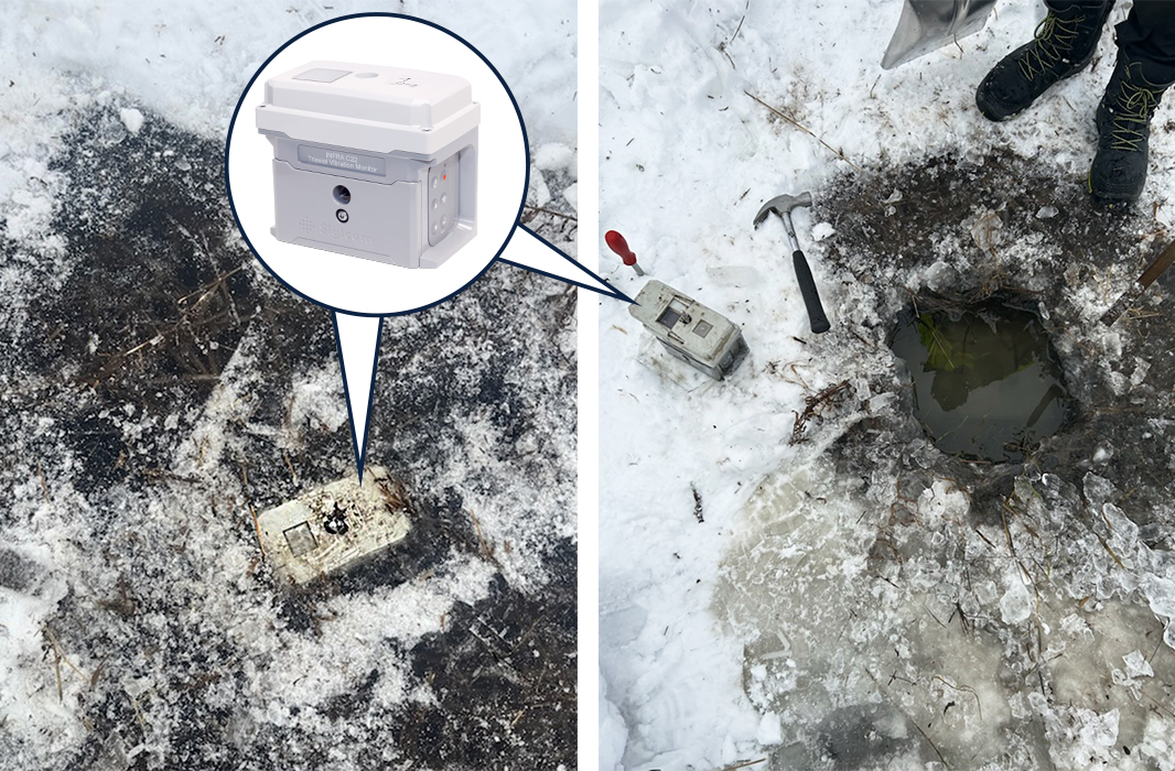 An INFRA C22 - a wireless vibration monitor on a field in ice in Sweden.